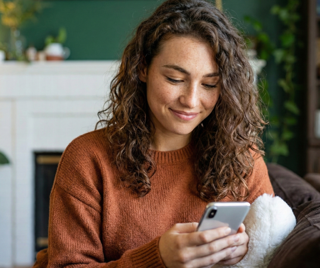 woman smiling while looking at her phone
